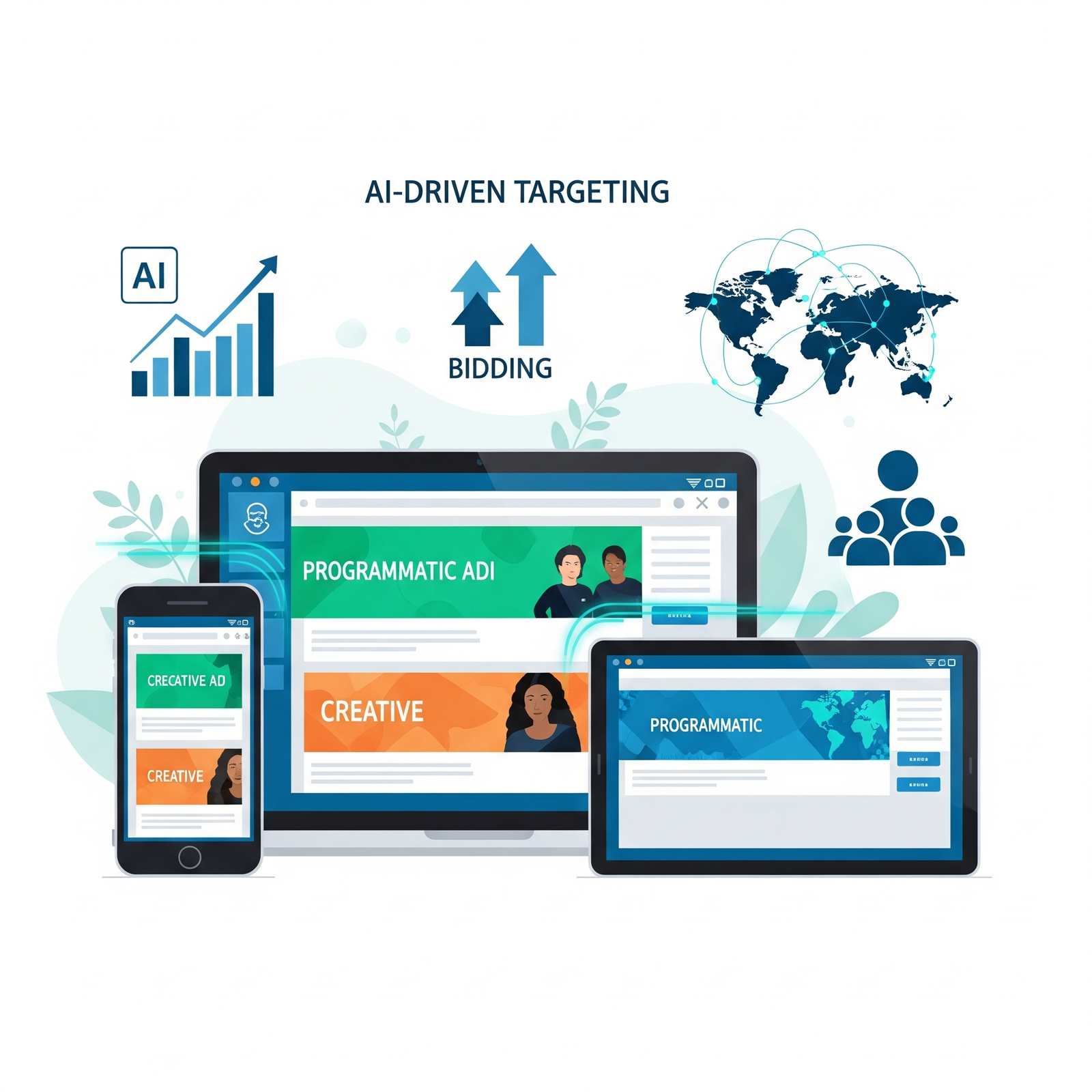 Programmatic banner advertising and programmatic campaign illustration with ad buys.