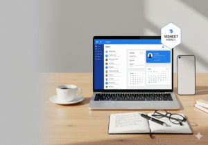 Laptop showing an email CRM dashboard in Microsoft Outlook style with contacts, tasks, and calendar