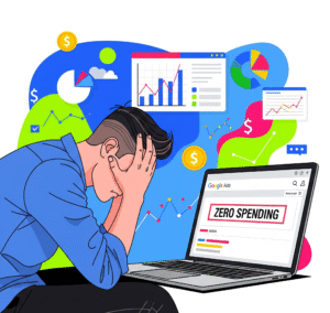 Why Google Ads Campaign is Not Spending Budget. Digital marketer frustrated with Google Ads dashboard showing zero budget spend