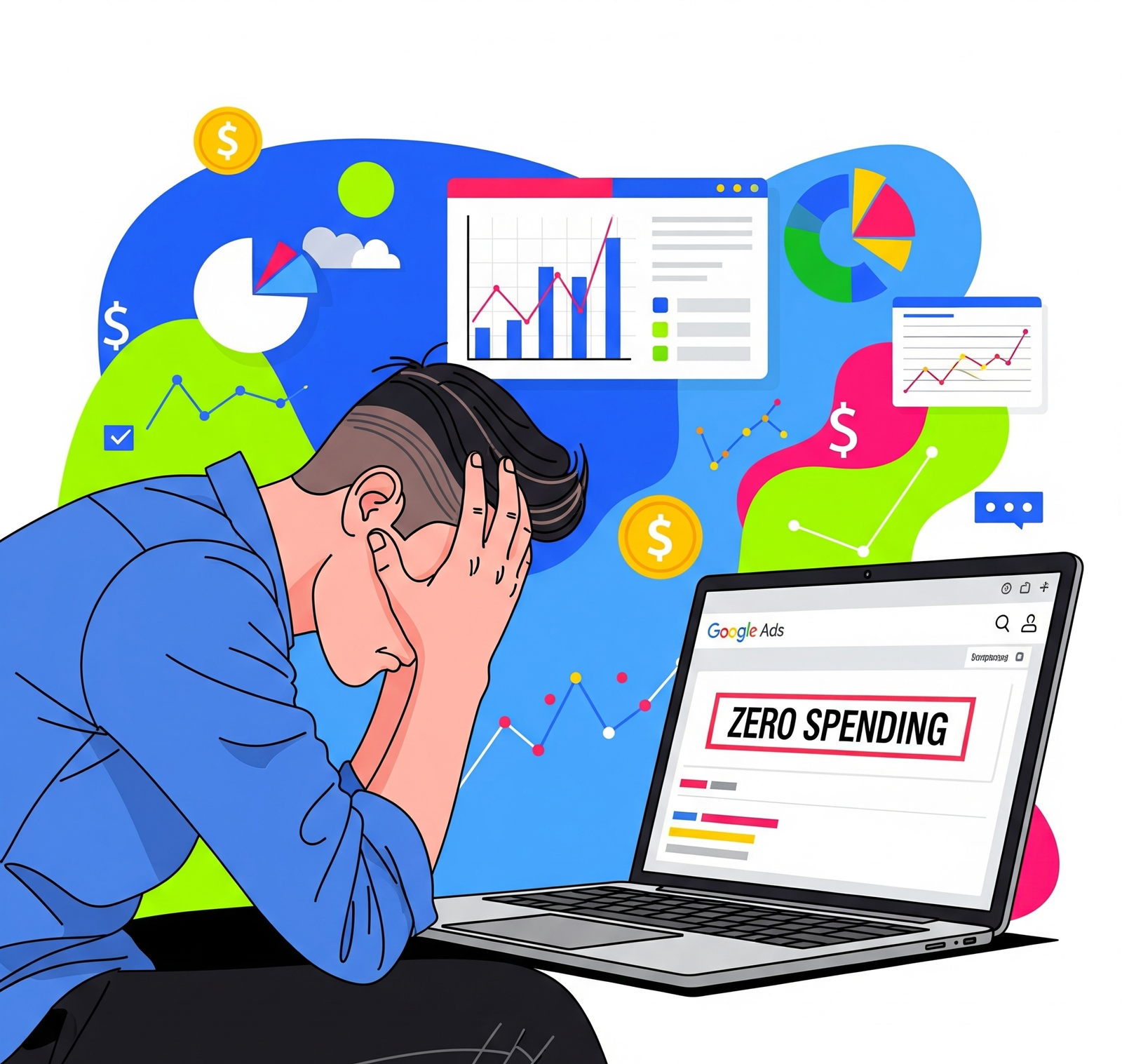 Why Google Ads Campaign is Not Spending Budget. Digital marketer frustrated with Google Ads dashboard showing zero budget spend