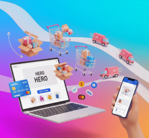 How to Start an E-commerce Business. Colourful e-commerce business concept with online store, shopping carts, payments, and delivery icons