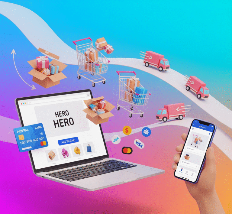 How to Start an E-commerce Business. Colourful e-commerce business concept with online store, shopping carts, payments, and delivery icons