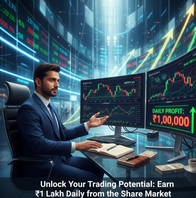 How to Earn 1 Lakh Per Day from the Share Market. Professional stock trader analyzing charts and strategies to earn 1 lakh per day from the share market. How to Earn 1 Lakh Per Day from the Share Market- Complete Guide