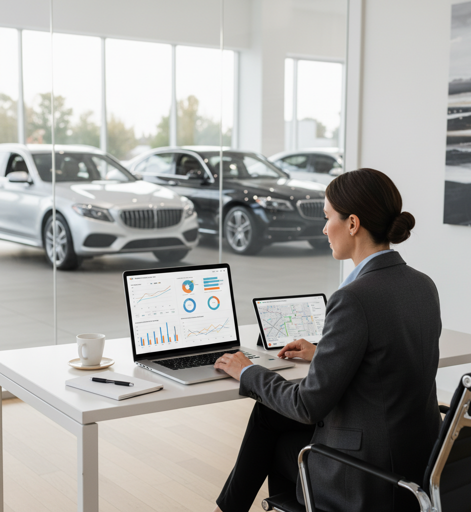 how to optimize dealership. Dealership marketing manager analyzing website traffic and conversion rates on laptop for optimizing dealership website traffic & conversion rates