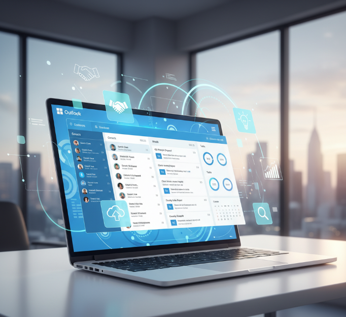 look Outlook CRM & Programmatic now. Professional laptop screen showing Outlook CRM dashboard with colorful charts and contacts.