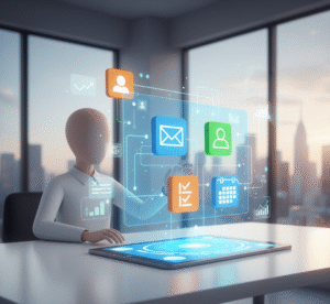 Infographic of using Microsoft Outlook as a CRM with email, contacts, tasks, and calendar.