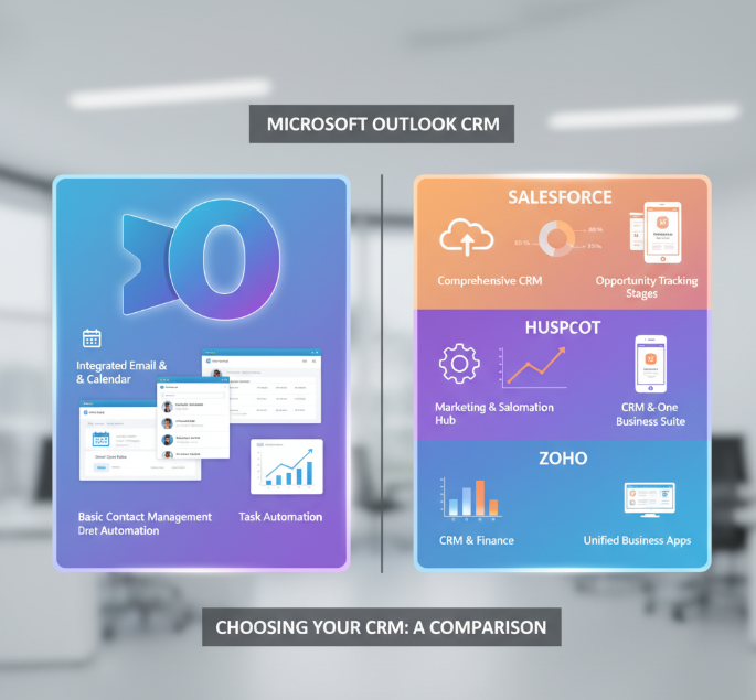 Infographic comparing Outlook CRM with Salesforce, HubSpot, and Zoho.