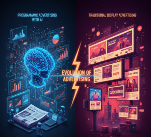 Split-screen illustration of programmatic advertising vs display advertising.