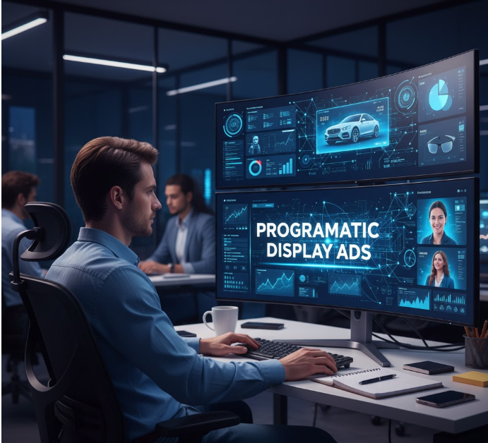 Programmatic Display Ads concept with AI-driven digital marketing dashboard