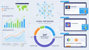 Illustration showing how programmatic display ads work using real-time bidding and AI automation.