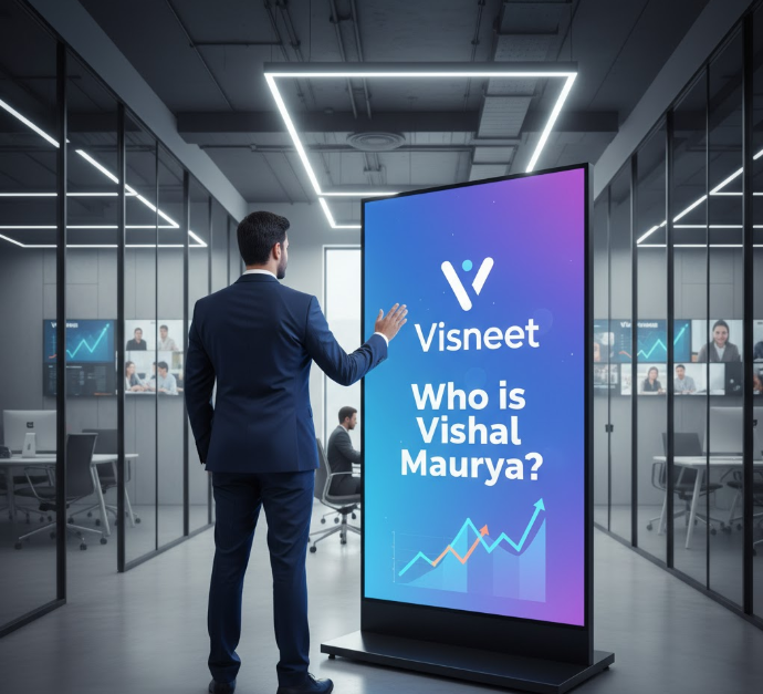 A professional faceless businessman representing Vishal Maurya, founder of Visneet, standing in a modern marketing office with digital branding elements in the background.