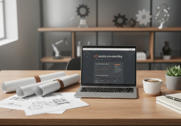 A workspace setup showing a laptop with an FSI blog open, along with factory plans, machinery notes, and business documents placed neatly on a desk.