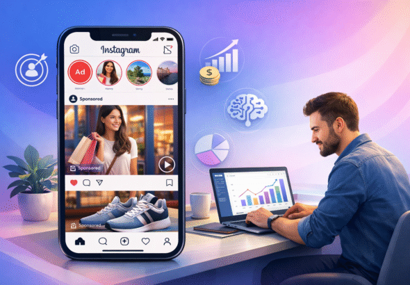 How to advertise on Instagram in 2026 showing Instagram ads, Meta Ads Manager dashboard, and digital marketing growth strategy for beginners