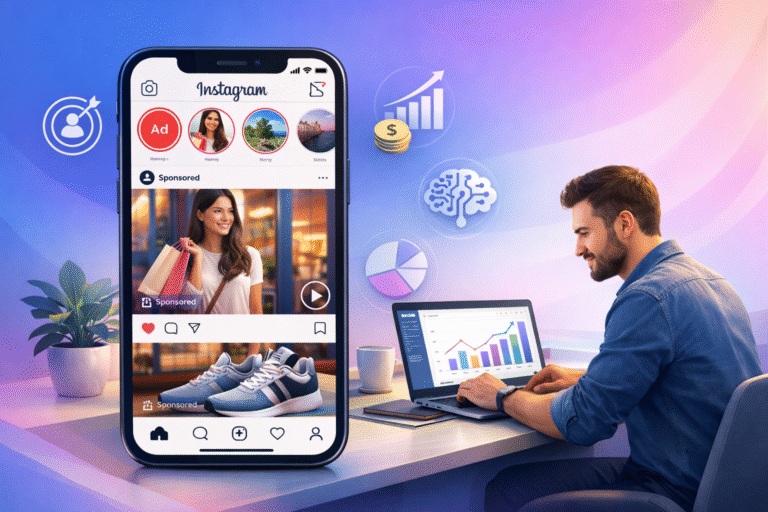 How to advertise on Instagram in 2026 showing Instagram ads, Meta Ads Manager dashboard, and digital marketing growth strategy for beginners