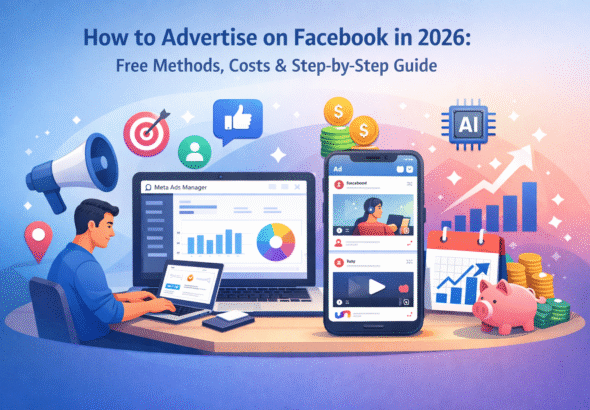 How to advertise on Facebook in 2026 showing free and paid advertising methods, Meta Ads Manager dashboard, targeting, budget planning, and ad performance growth