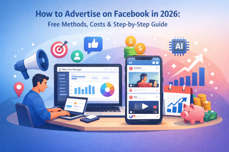 How to advertise on Facebook in 2026 showing free and paid advertising methods, Meta Ads Manager dashboard, targeting, budget planning, and ad performance growth