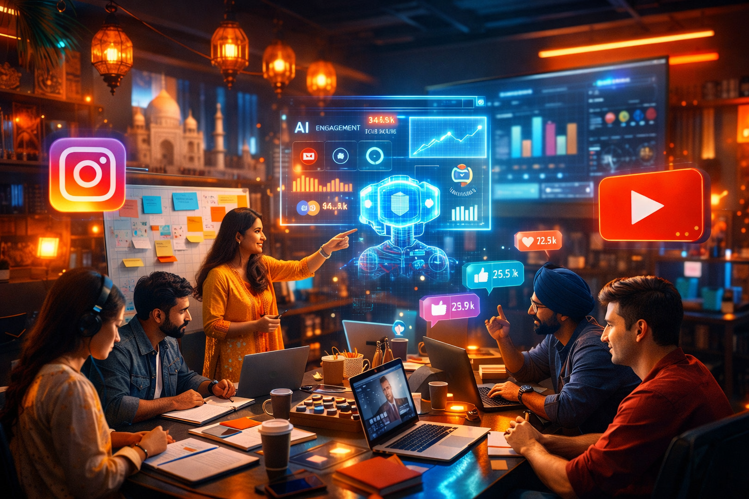Indian Brand Campaigns 2026 strategy planning in a modern digital marketing workspace with AI analytics dashboards and social media campaign brainstorming.