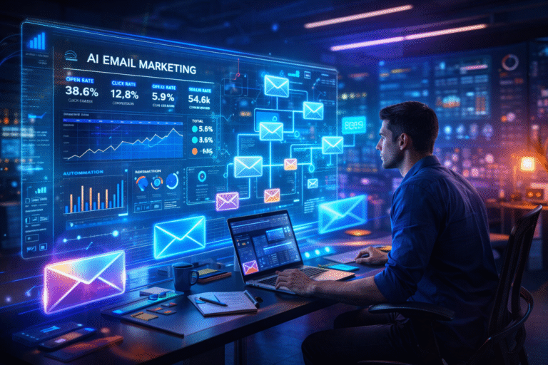 Email Marketing Strategy 2026 in action with AI-powered automation dashboard, data analytics graphs, and smart email campaign optimization in a futuristic workspace.