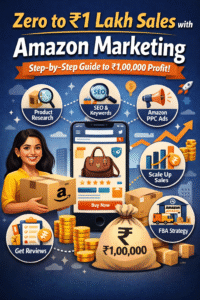 Infographic showing Zero to ₹1 Lakh Sales with Amazon Marketing strategy including product research, SEO keywords, Amazon PPC ads, FBA strategy, reviews, and sales growth plan.