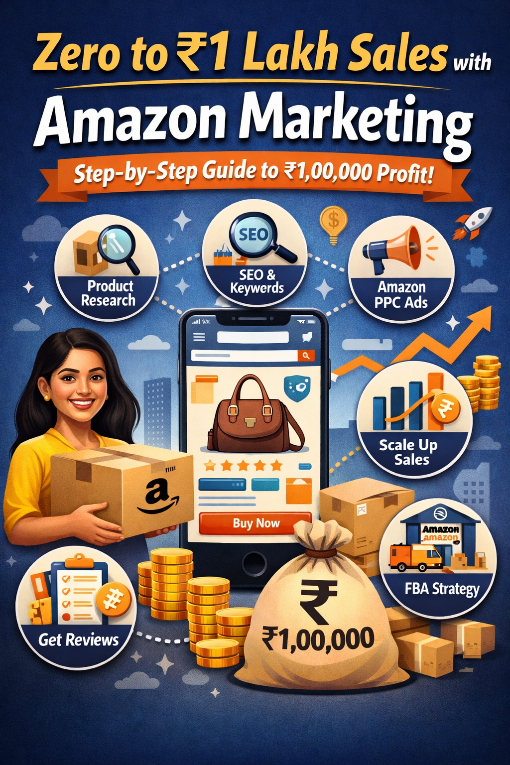 Infographic showing Zero to ₹1 Lakh Sales with Amazon Marketing strategy including product research, SEO keywords, Amazon PPC ads, FBA strategy, reviews, and sales growth plan.