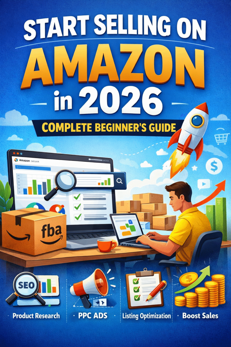 Start selling on Amazon in 2026 guide showing FBA, product research, PPC ads, and listing optimization dashboard.