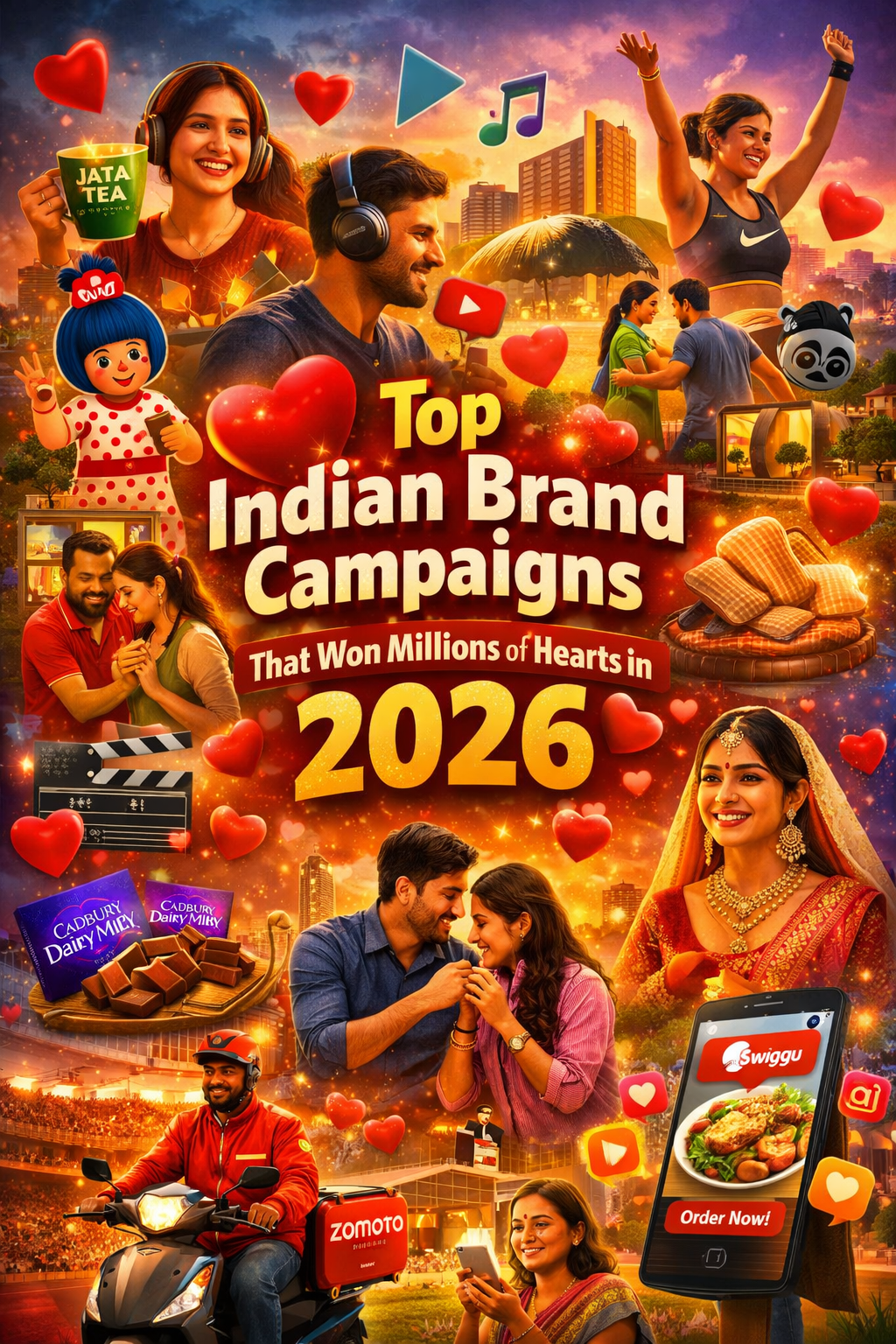 Top Indian brand campaigns 2026 marketing collage showing emotional brand advertisements, happy people using products, and brand logos with heart-themed design.