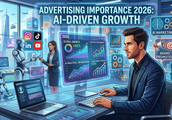 How AI Tools Help in Work and Business in 2026 AI tools helping professionals in a futuristic office with digital dashboards, automation technology, and business growth analytics in 2026