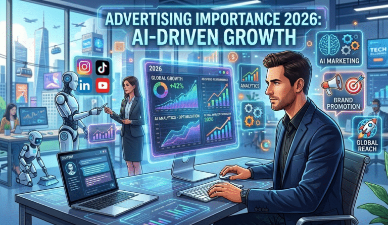 How AI Tools Help in Work and Business in 2026 AI tools helping professionals in a futuristic office with digital dashboards, automation technology, and business growth analytics in 2026