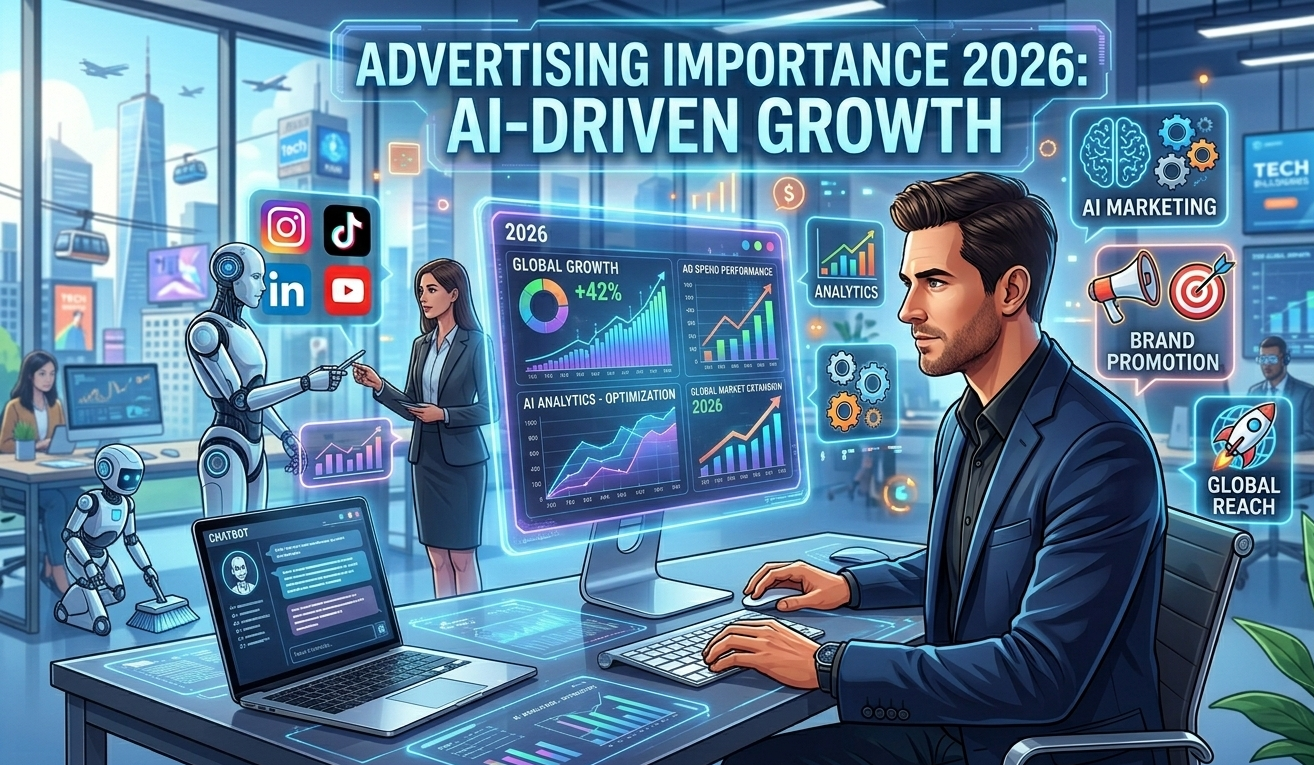 How AI Tools Help in Work and Business in 2026 AI tools helping professionals in a futuristic office with digital dashboards, automation technology, and business growth analytics in 2026
