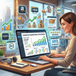 Top Amazon Marketing Strategies Digital illustration showing Amazon marketing strategies with a laptop dashboard displaying rising sales graphs, online shopping icons, and an e-commerce seller working in a modern office