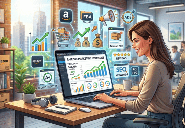 Top Amazon Marketing Strategies Digital illustration showing Amazon marketing strategies with a laptop dashboard displaying rising sales graphs, online shopping icons, and an e-commerce seller working in a modern office