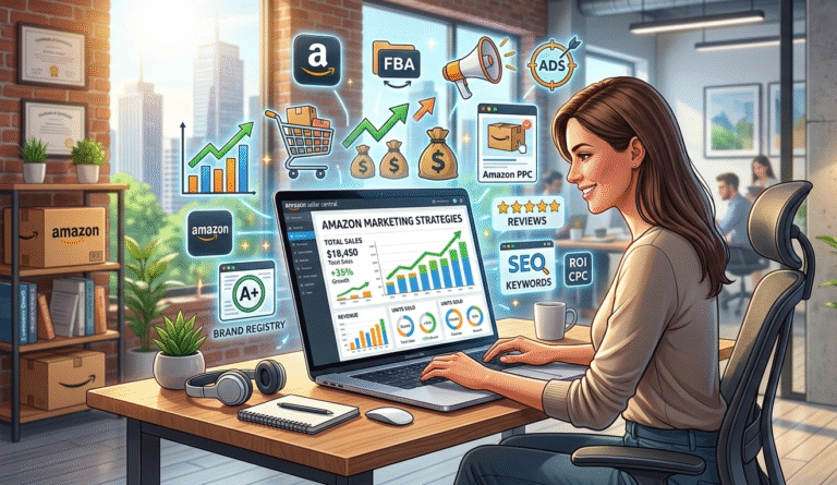 Top Amazon Marketing Strategies Digital illustration showing Amazon marketing strategies with a laptop dashboard displaying rising sales graphs, online shopping icons, and an e-commerce seller working in a modern office