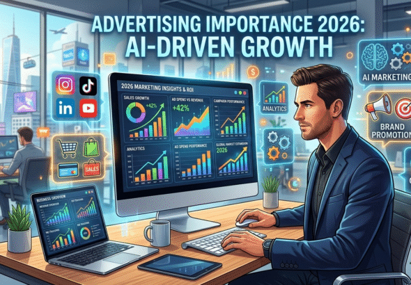 Why Advertising is Important in 2026 showing digital marketing, business growth charts, and online advertising concept