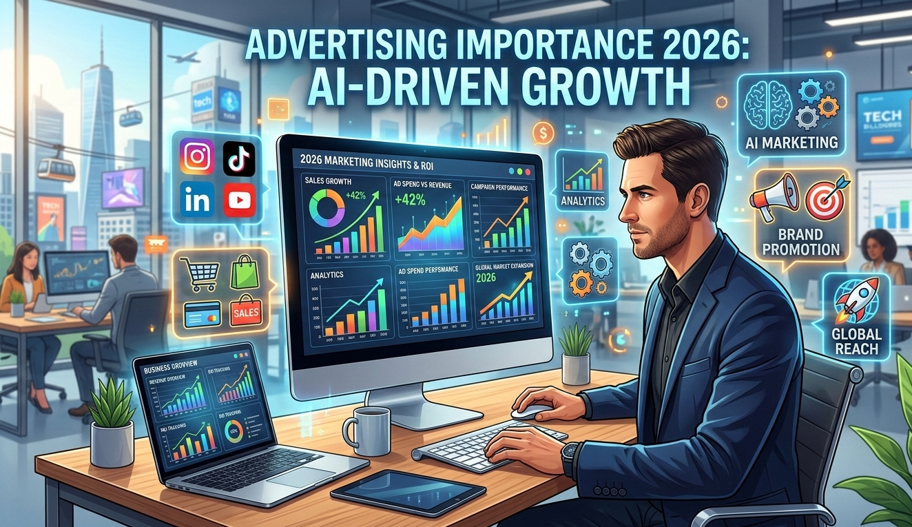 Why Advertising is Important in 2026 showing digital marketing, business growth charts, and online advertising concept