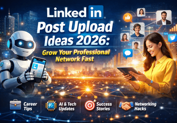 LinkedIn post upload ideas 2026 professional networking and AI technology illustration