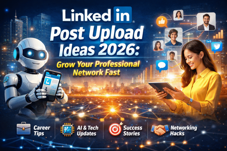 LinkedIn post upload ideas 2026 professional networking and AI technology illustration