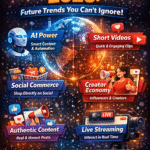 Infographic showing Social Media in 2026 2026 including AI, short videos, social commerce, creator economy, authentic content, and live streaming