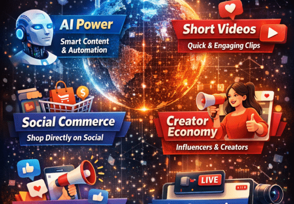 Infographic showing Social Media in 2026 2026 including AI, short videos, social commerce, creator economy, authentic content, and live streaming