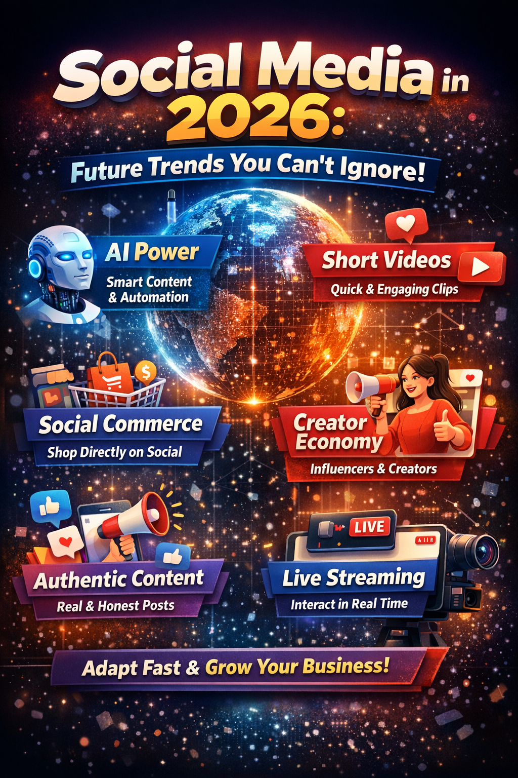 Infographic showing Social Media in 2026 2026 including AI, short videos, social commerce, creator economy, authentic content, and live streaming