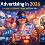 Futuristic digital illustration showing AI-powered advertising in 2026 with a robot analyzing data, a woman using AR shopping technology, influencer recording content, and digital marketing elements like social media icons, shopping cart, and smart devices.