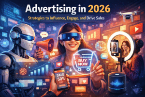 Futuristic digital illustration showing AI-powered advertising in 2026 with a robot analyzing data, a woman using AR shopping technology, influencer recording content, and digital marketing elements like social media icons, shopping cart, and smart devices.