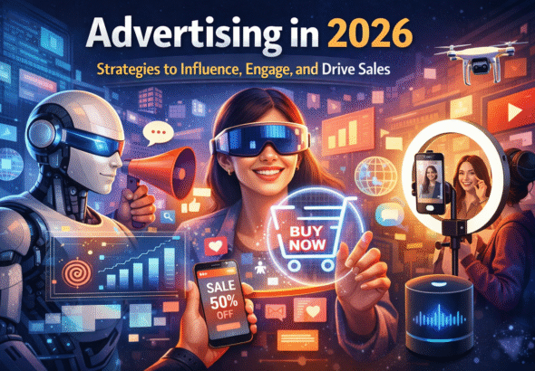 Futuristic digital illustration showing AI-powered advertising in 2026 with a robot analyzing data, a woman using AR shopping technology, influencer recording content, and digital marketing elements like social media icons, shopping cart, and smart devices.