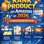 How to Rank Product on Amazon in 2026 ,Illustration showing Amazon product ranking strategies in 2026 including keyword research, listing optimization, PPC ads, and FBA strategy