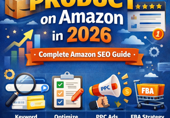 How to Rank Product on Amazon in 2026 ,Illustration showing Amazon product ranking strategies in 2026 including keyword research, listing optimization, PPC ads, and FBA strategy