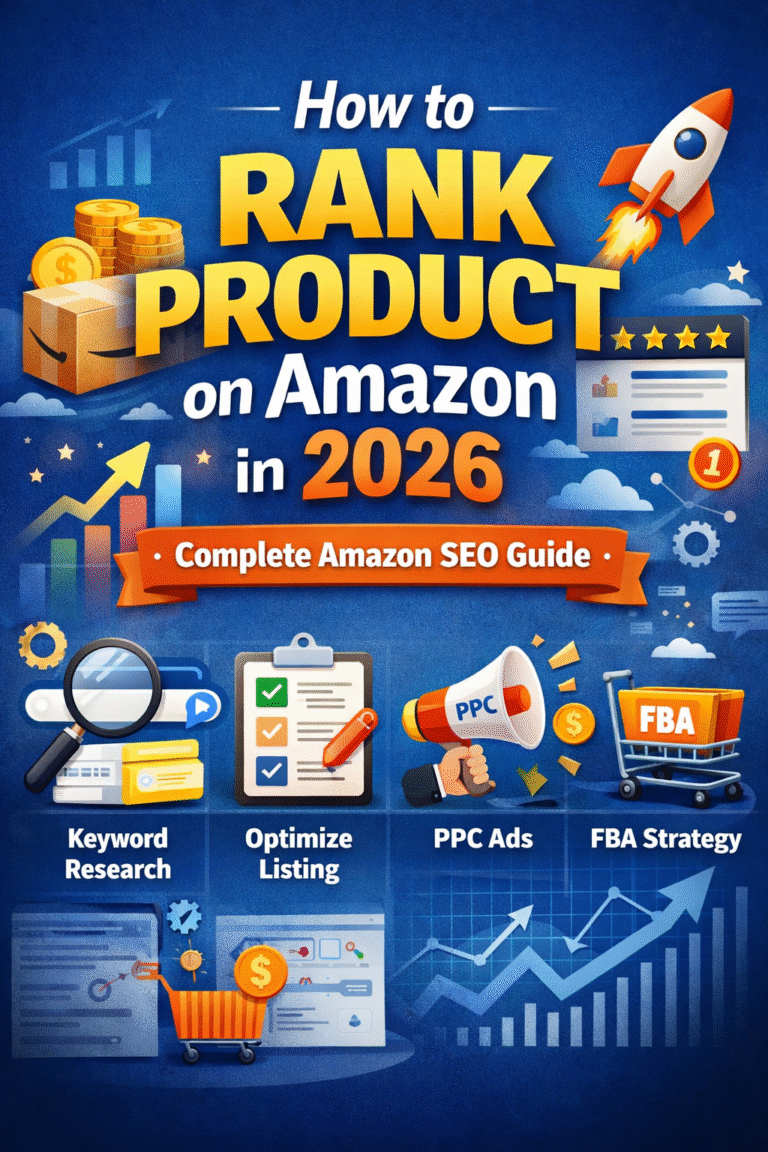 How to Rank Product on Amazon in 2026 ,Illustration showing Amazon product ranking strategies in 2026 including keyword research, listing optimization, PPC ads, and FBA strategy